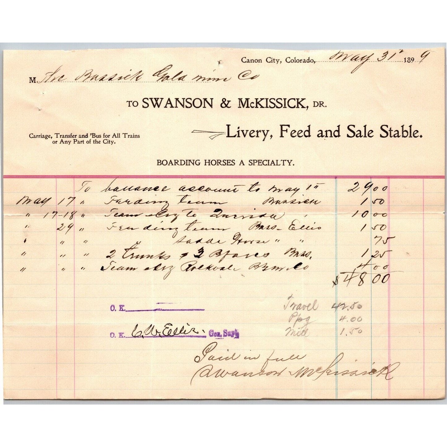 1899 Carson City, NV Swanson & McKissick Letterhead Livery Feed Stable Boarding