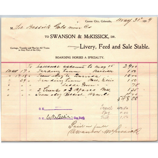 1899 Carson City, NV Swanson & McKissick Letterhead Livery Feed Stable Boarding