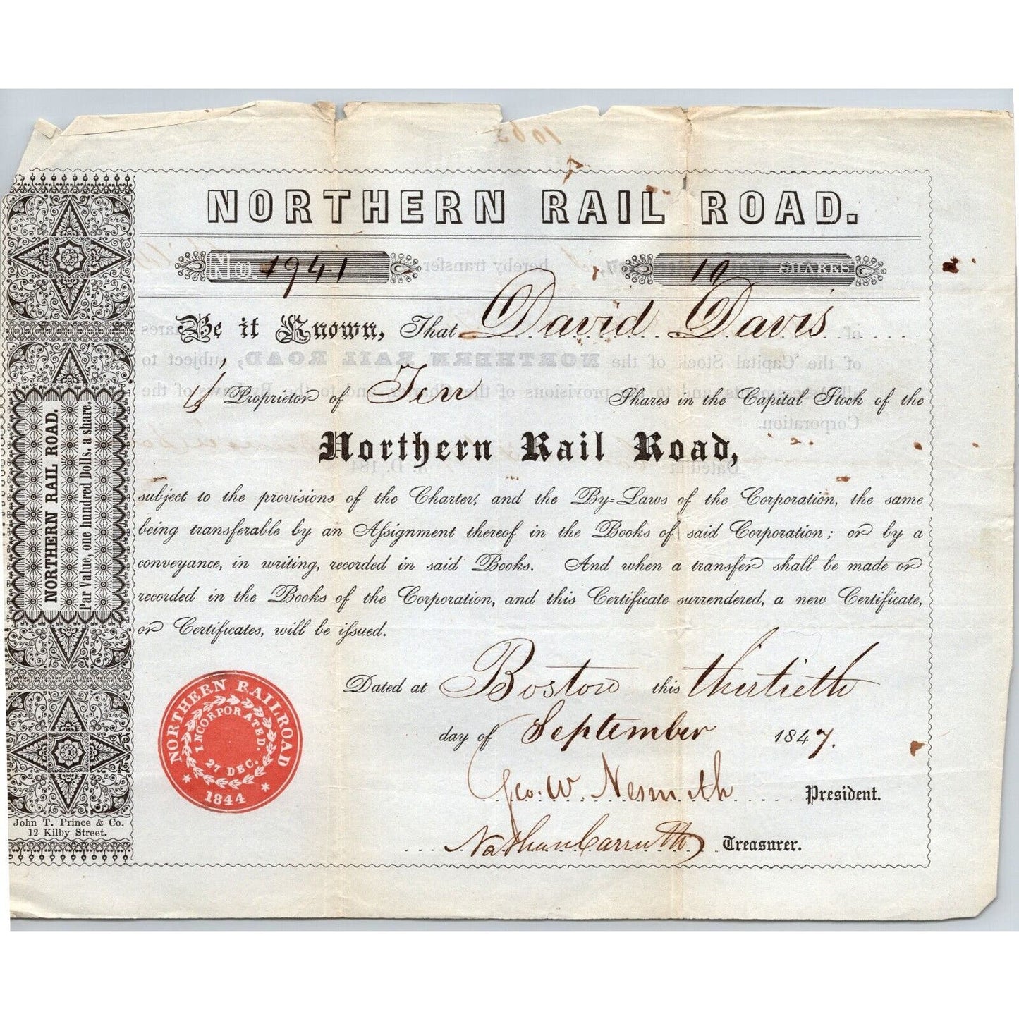 1847 Boston, MA Northern Railroad Stock Certificate No. 4941 for 10 Shares