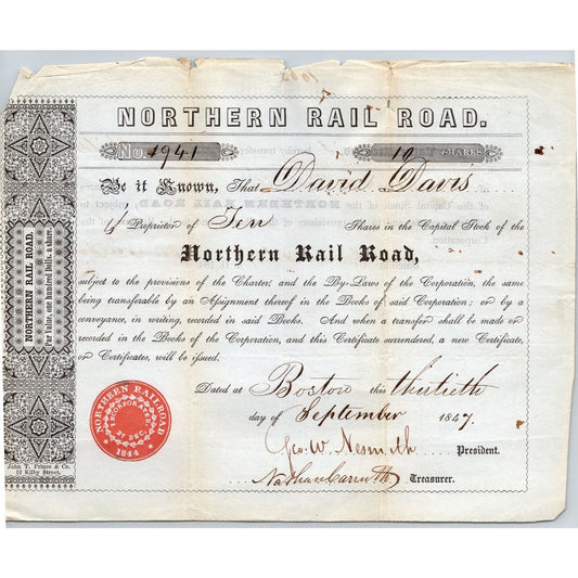 1847 Boston, MA Northern Railroad Stock Certificate No. 4941 for 10 Shares