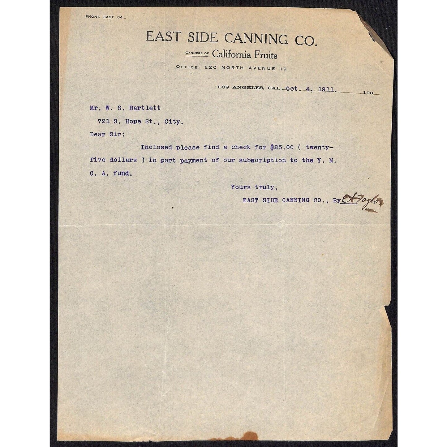 East Side Canning California Fruits Los Angeles 1911 Letterhead re: $25 Check