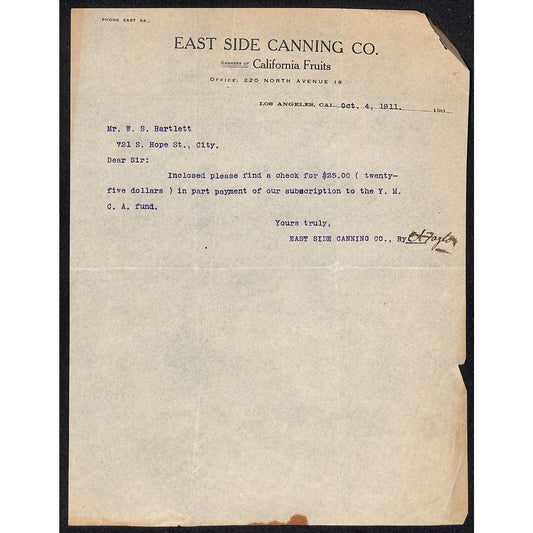 East Side Canning California Fruits Los Angeles 1911 Letterhead re: $25 Check