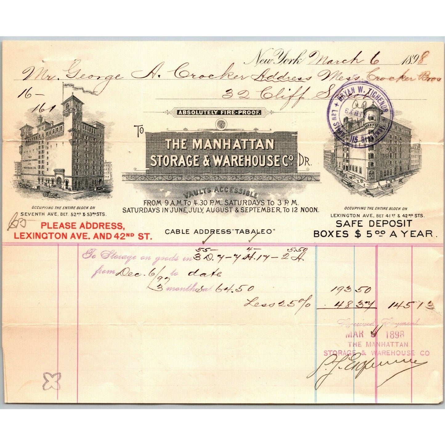 1898 Manhattan Storage Warehouse Co Crocker Bros Letterhead Lexington Ave NYC