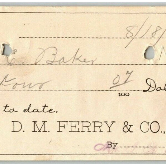 1900 $4.07 Check From Ephraim Baker* to D. M. Ferry Co. (Seed Company)
