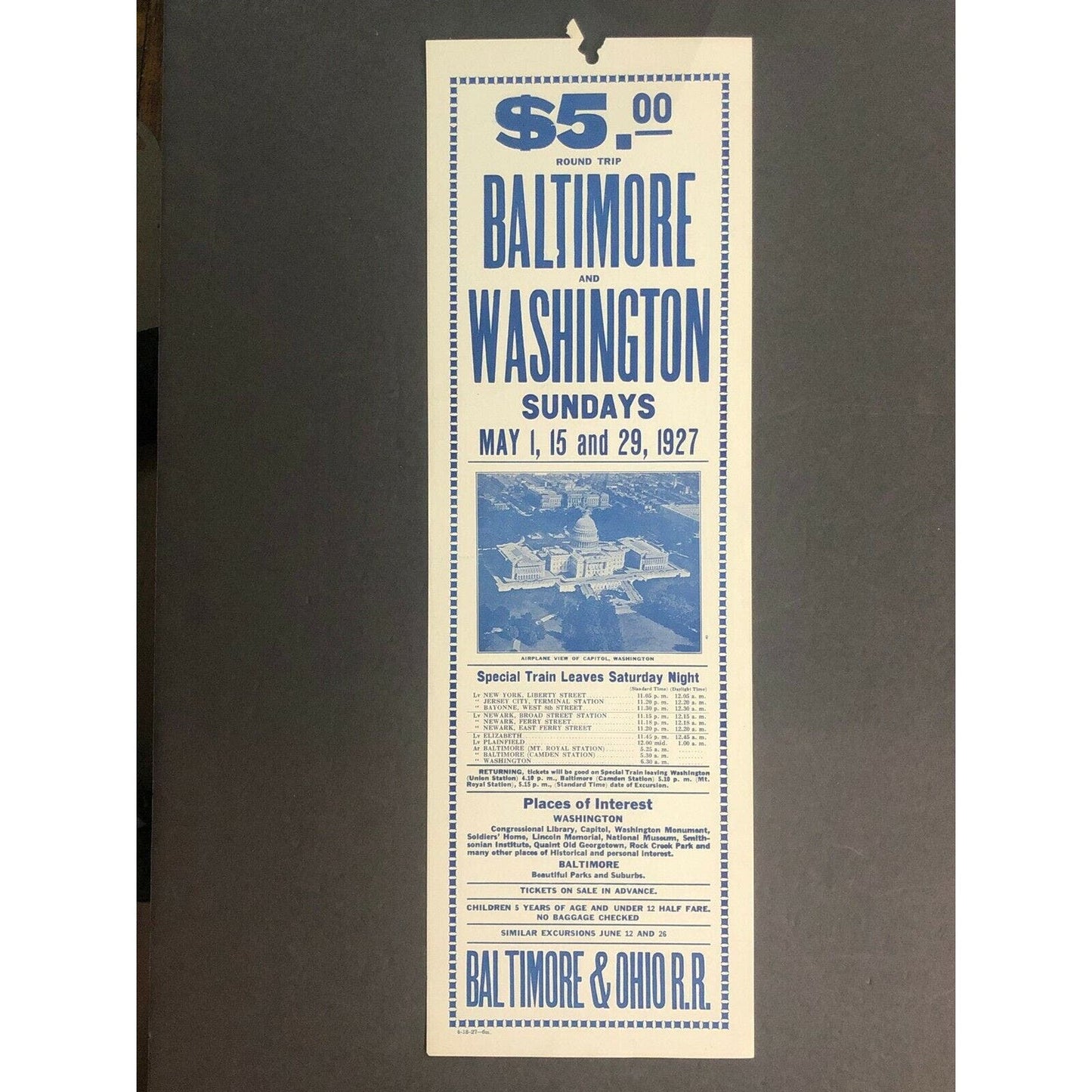 Vintage 1927 Baltimore & Ohio RR Broadside Sundays to Baltimore and Washington