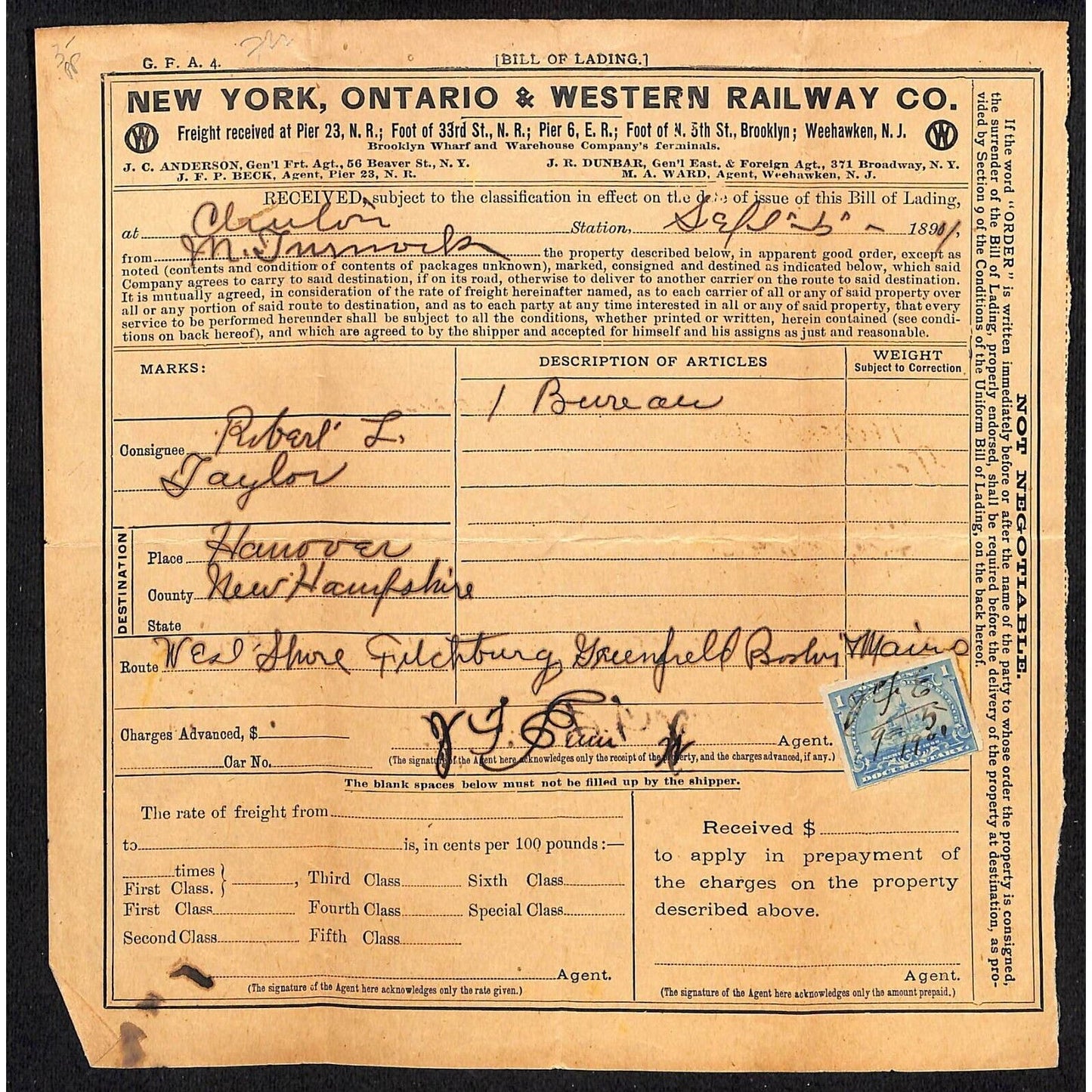 1901 New York, Ontario & Western Railway Co. Freight Bill of Lading w/ Tax Stamp