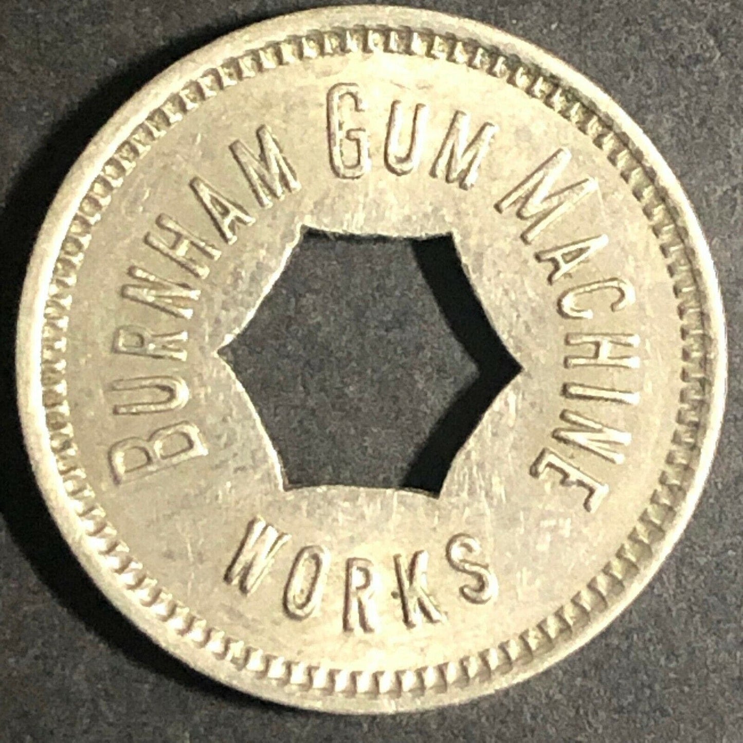 Vintage 21mm Plated Brass "Burnham Gum Machine Works - Chicago " Donut Token