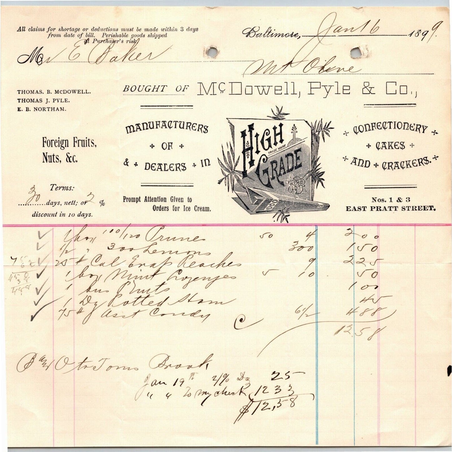 1899 Letterhead - McDowell, Pyle & Co. Foreign Fruits Baltimore Ephraim Baker*