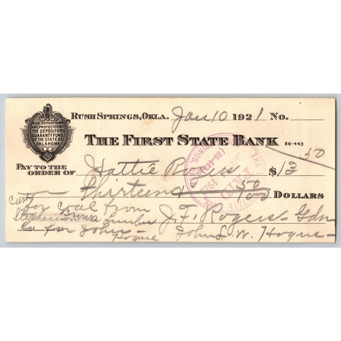 Rush Springs, Oklahoma 1921 $13.50 Bank Check - for Coal from ?? Lumber Yard