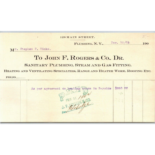Flushing, NY c1903 Letterhead John F. Rogers & Co. Sanitary Plumbing Steam Gas