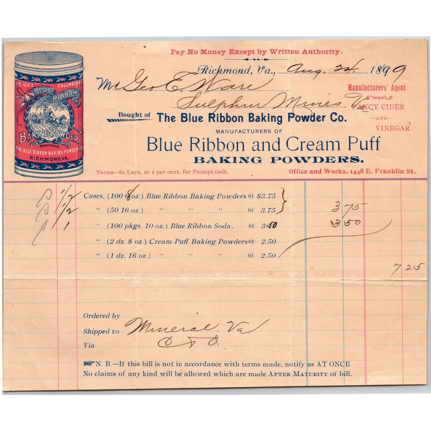 Blue Ribbon Baking Powders / Puff Richmond, VA Letterhead to Geo. E. Wear 1899