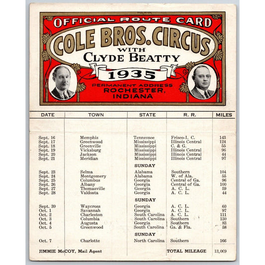 1935 Cole Bros with Clyde Beatty Circus Route Card TN MS AL GA SC NC