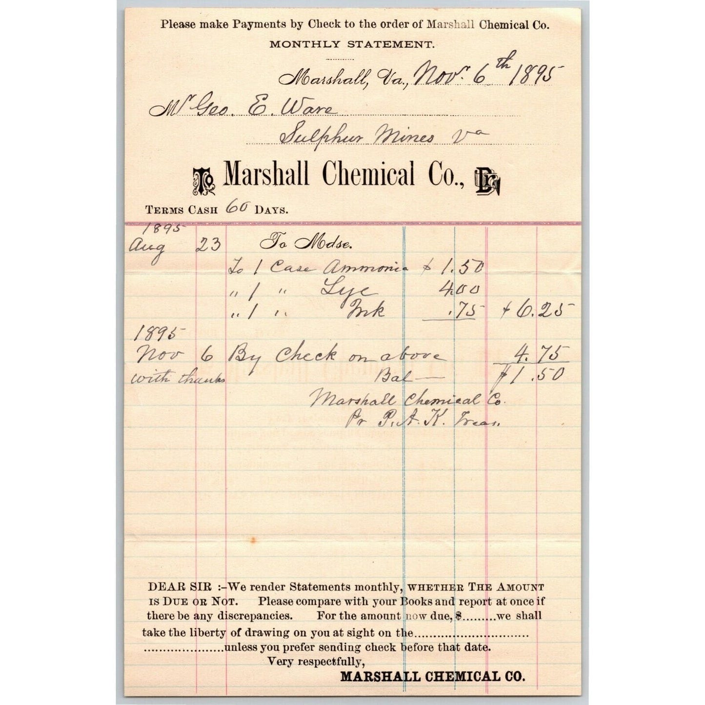 11/6 1895 Scarce Marshall Chemical Co Billhead Letterhead Sulphur Mines Virginia