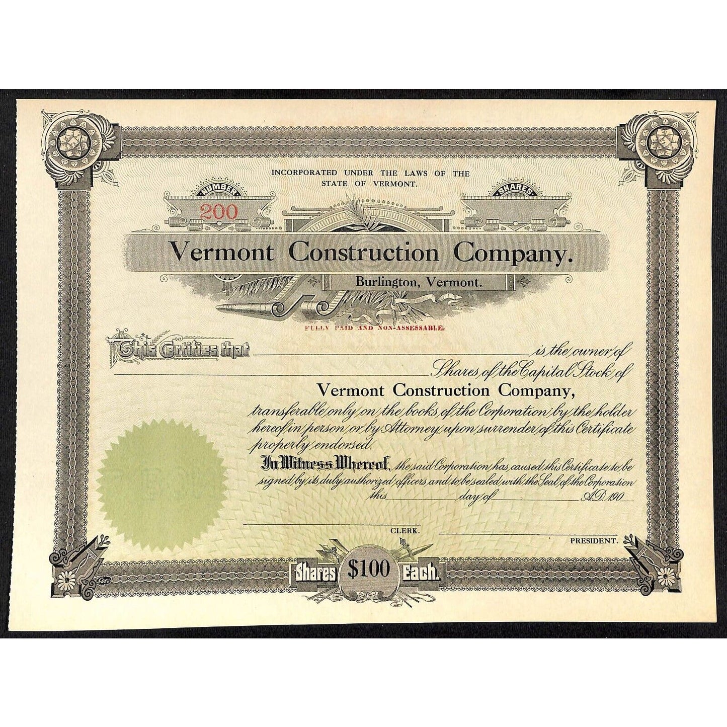 "Vermont Construction Company" Burlington, VT Unissued c1900 Stock Certificate