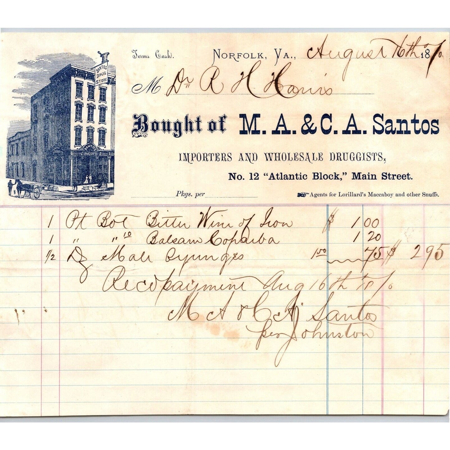 Norfolk VA M.A. & C.A. Santos Drug Store Druggists 1870 Billhead Scarce Vignette