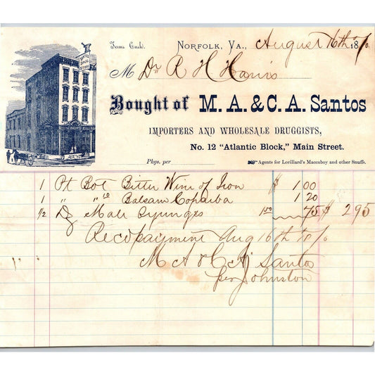 Norfolk VA M.A. & C.A. Santos Drug Store Druggists 1870 Billhead Scarce Vignette