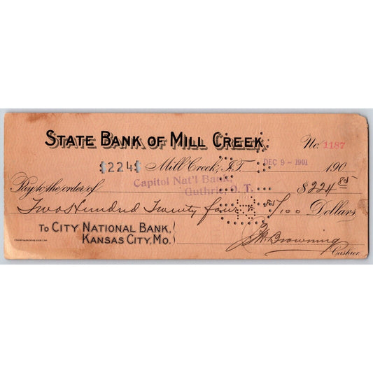 Mill Creek, OK Indian Territory 1901 "State Bank of Mill Creek" Check - Scarce