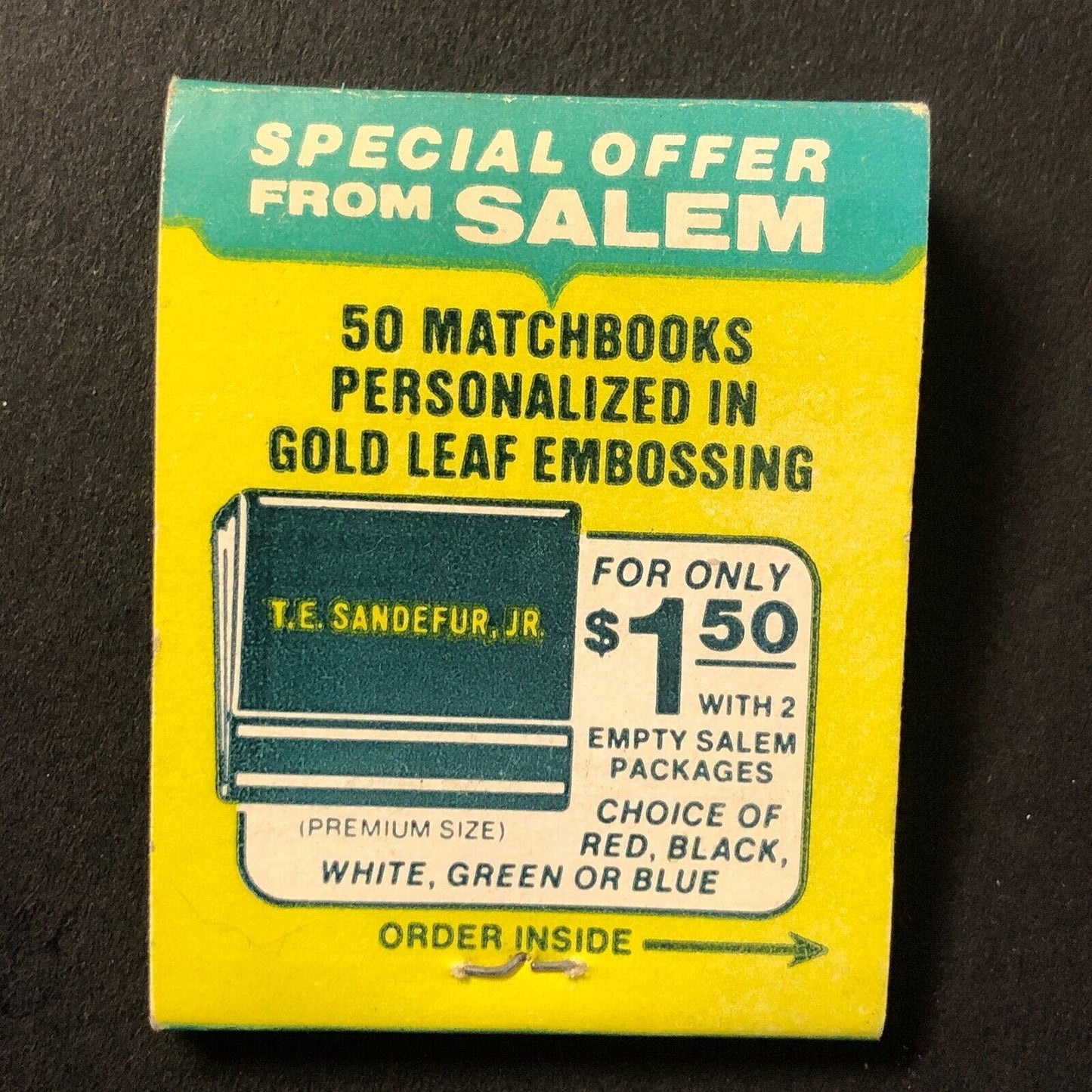 Salem Cigarettes w/ Personalized Embossing Mail in Offer Full Matchbook 1972 VGC