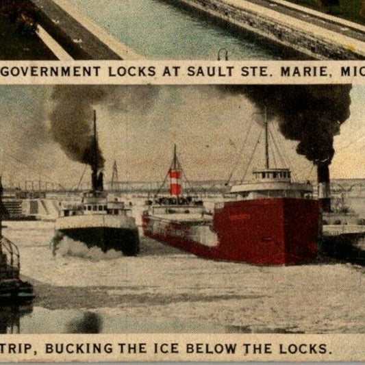 c1915-25 Locks at Sault Ste. Marie, MICH Merchant Shipping NP Vintage Postcard
