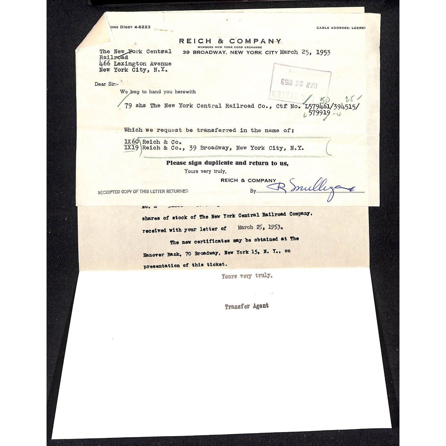 1953 New York Central Railroad Letterhead re: Reich & Co. Stock Transfer