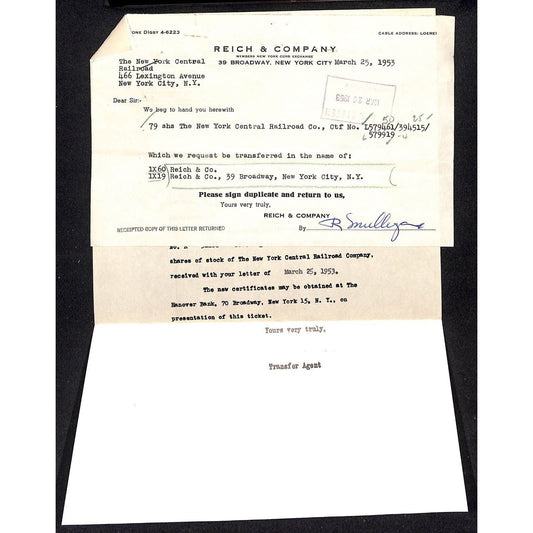 1953 New York Central Railroad Letterhead re: Reich & Co. Stock Transfer