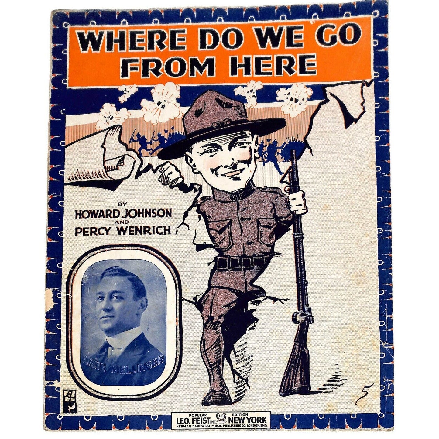 Vintage WWI Era 1917 Sheet Music "Where Do We Go From Here" Soldier Rifle Art