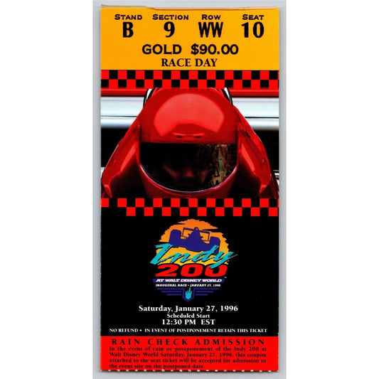 1996 Indy 200 Walt Disney World Ticket Stub - Inaugural Race - Seat 10