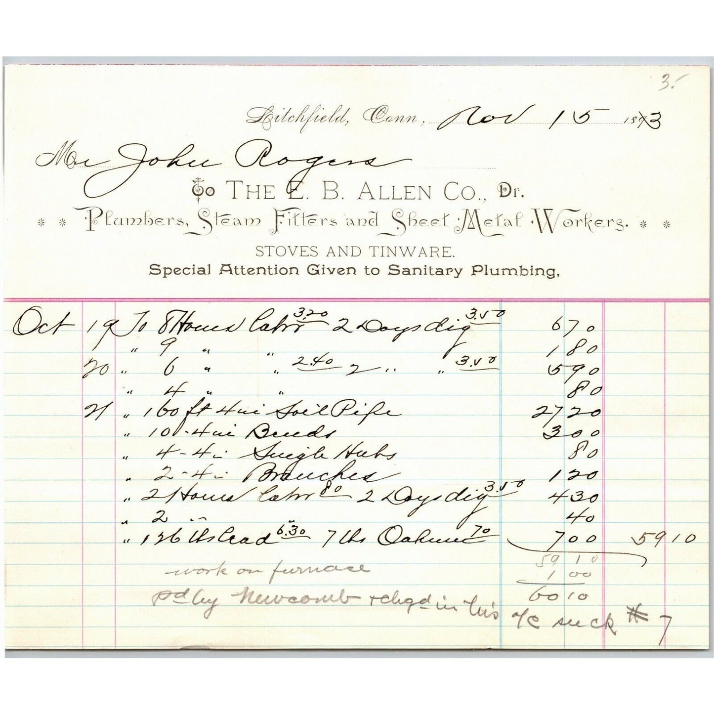 E.B. Allen Co. 1893 Letterhead Litchfield, Conn Plumbers Steam Fitters Stoves