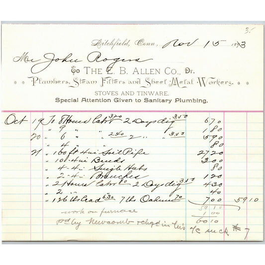 E.B. Allen Co. 1893 Letterhead Litchfield, Conn Plumbers Steam Fitters Stoves