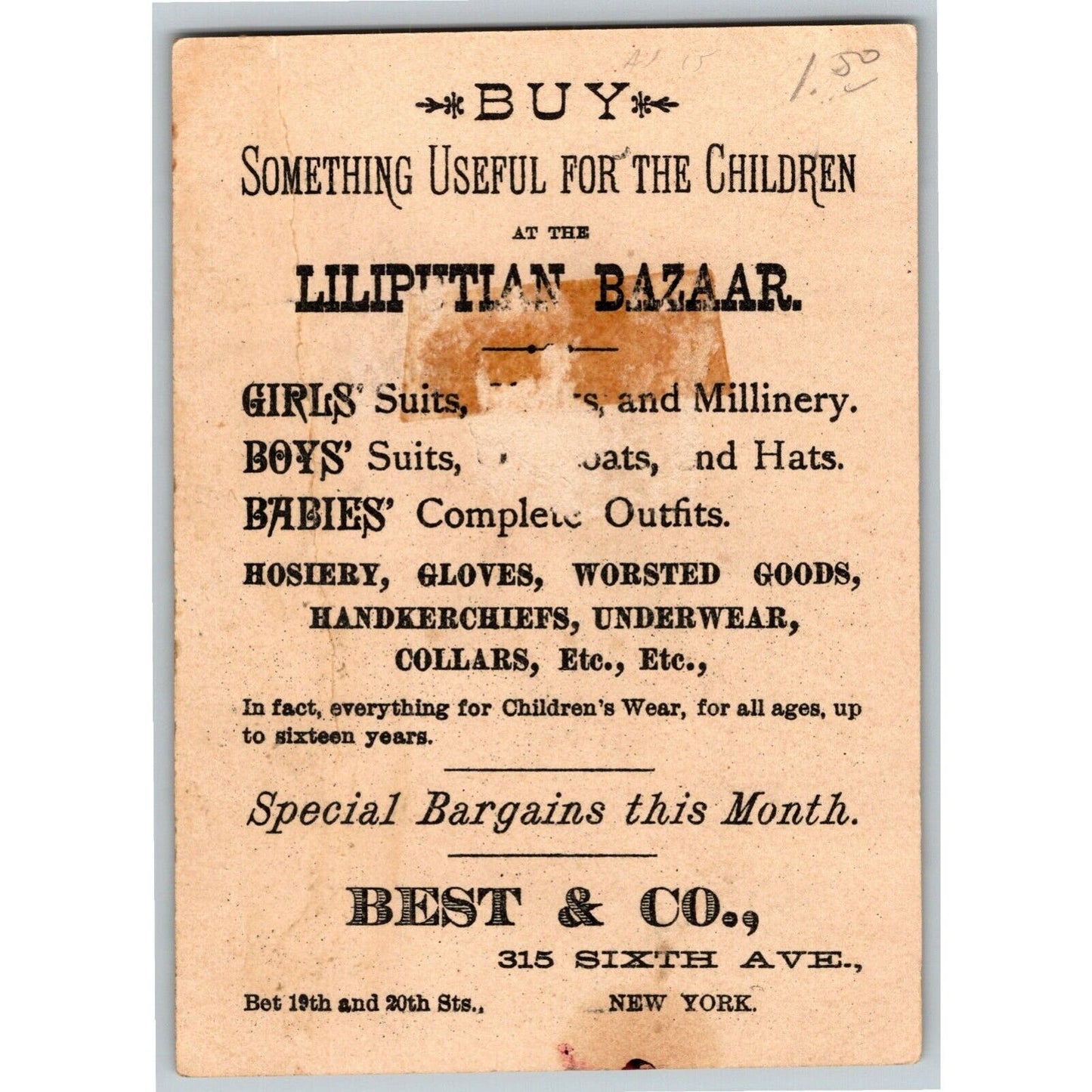 Liliputian Bazaar Best & Co. Sixth Ave Children's New York Victorian Trade Card