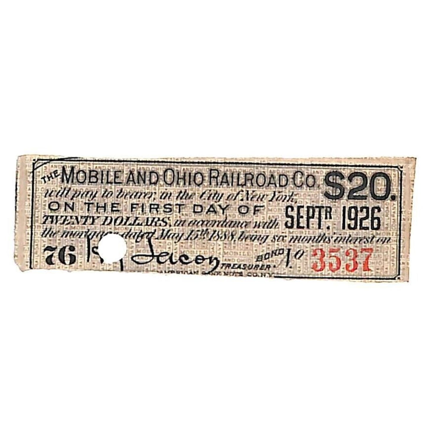 1888 Mobile and Ohio Railroad Small $20 Bond Certificate Coupon Due 1925 #3537