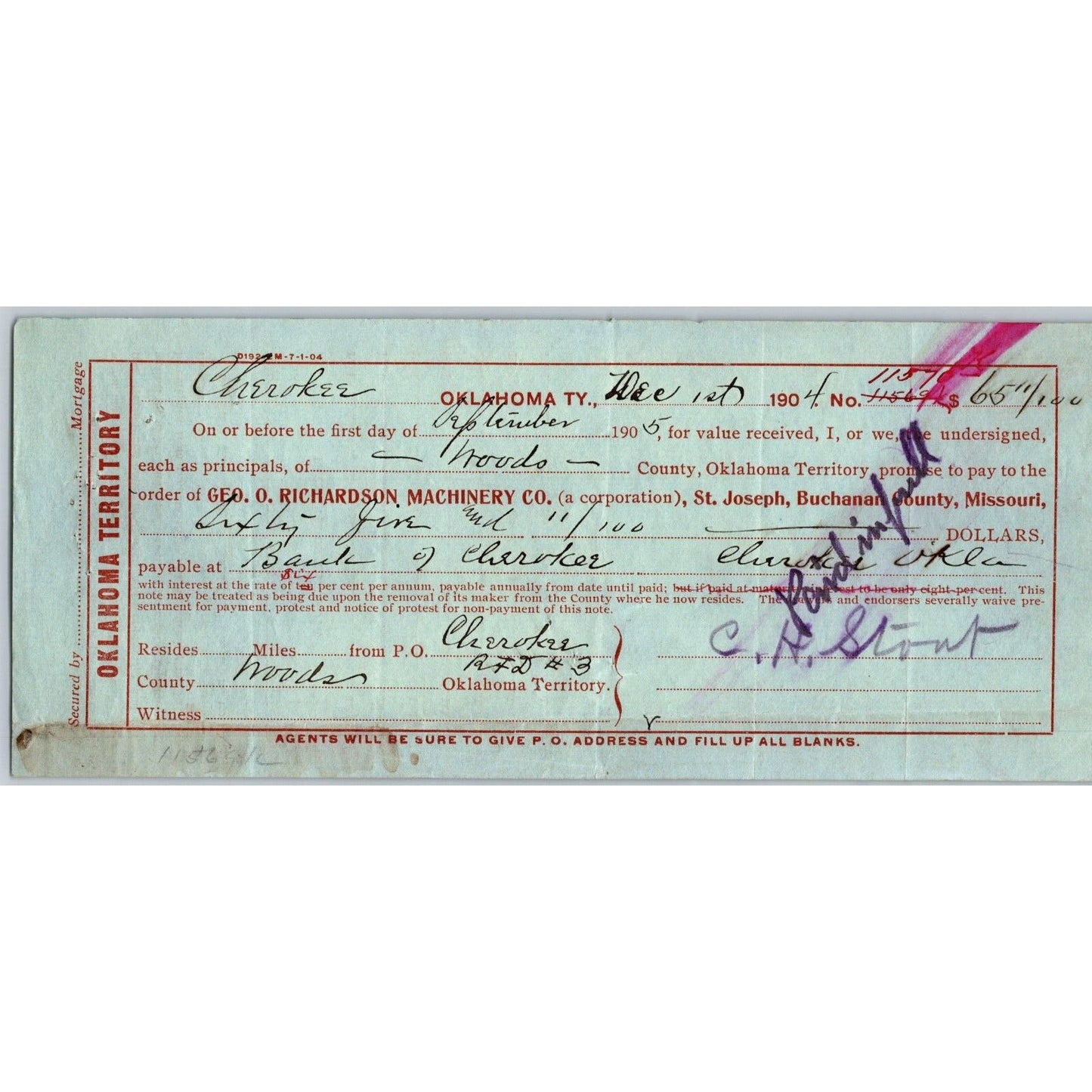 Cherokee, OK 1904 G. O. Richardson Machinery Territorial Promissory Note Scarce