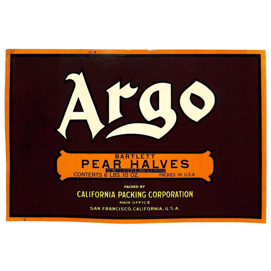 1942 Paper Can Label Argo Brand Bartlett Pear Halves 6 Lbs.10 OZ. VGC Scarce