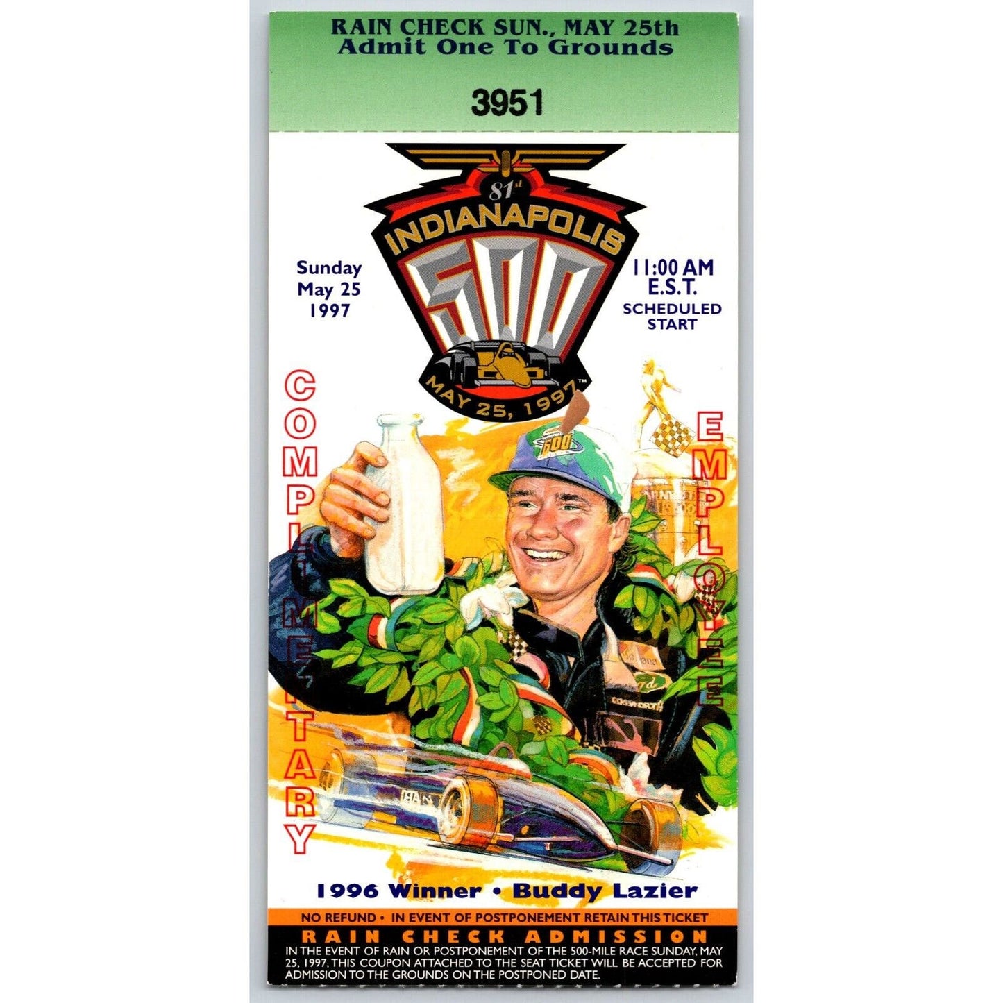1998 Indianapolis 500 "Complementary Employee " Ticket Stub Racing IMS #3951