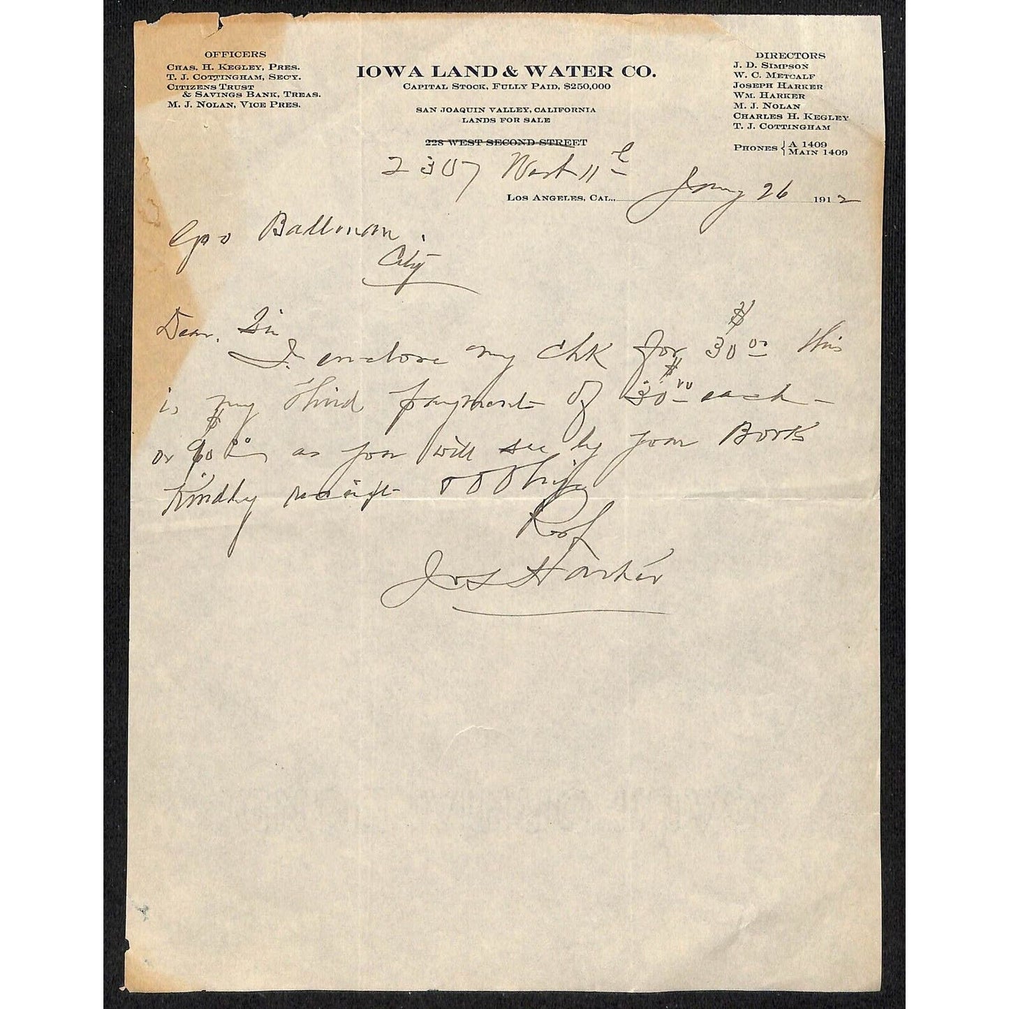 Iowa Land & Water Co. Los Angeles 1912 ALS Letterhead re: $30 Check