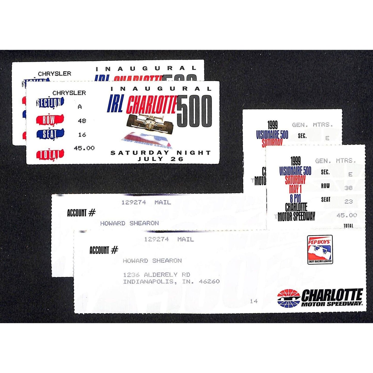 1997 Charlotte Motor Speedway IRL Inaugural 500 Ticket Stubs + 2 1998 Stubs