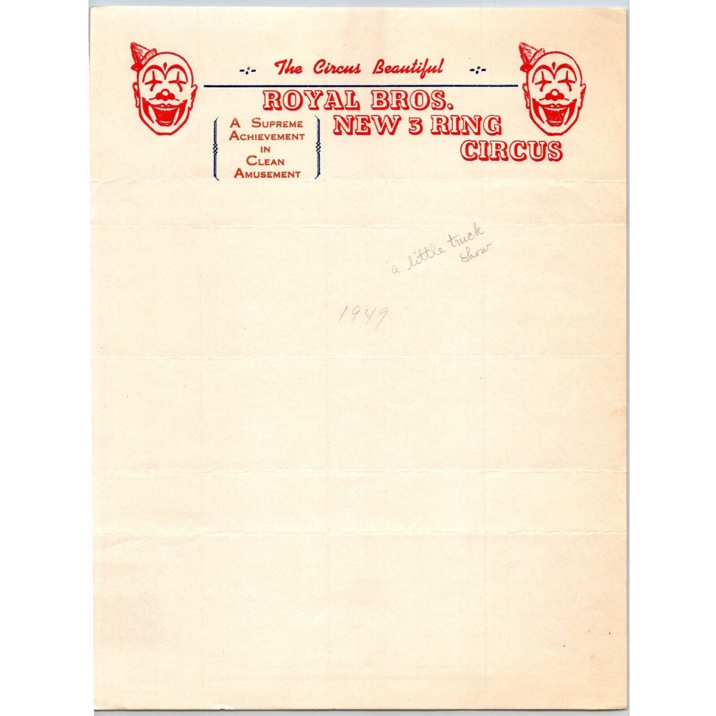 Royal Bros. New 3 Ring Circus Letterhead c1949 "Clean Amusement" Scarce