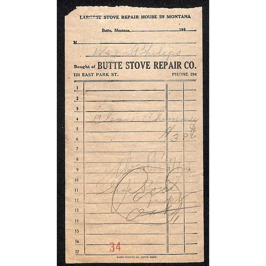 Butte Stove Repair Co. Butte Montana c1933 Billhead Letterhead - Wilson Drug