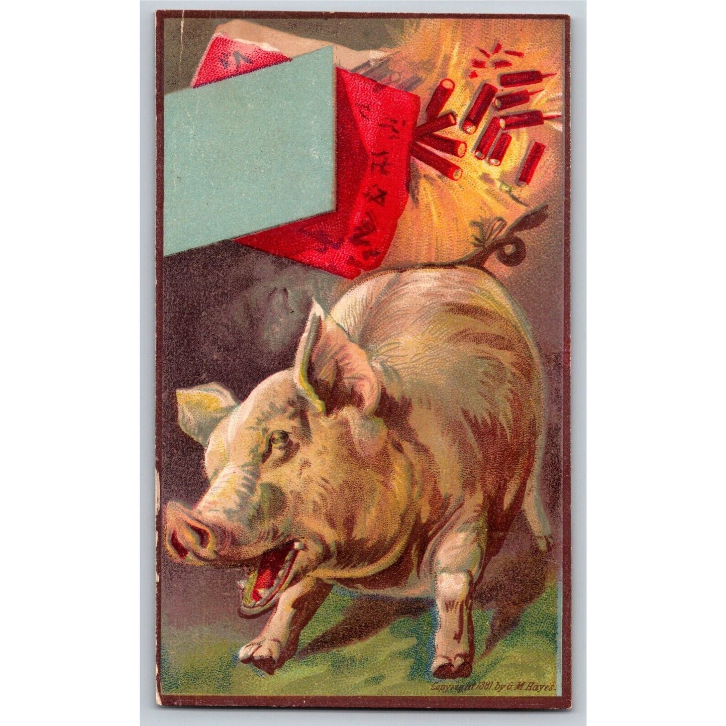 c1881 Pig Startled from Firecrackers Blank Victorian Trade Card -Scarce