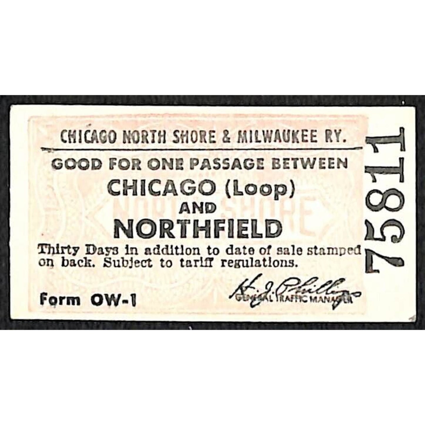 Chicago North Shore & Milwaukee RY Ticket c1947-50's Northfield #75811
