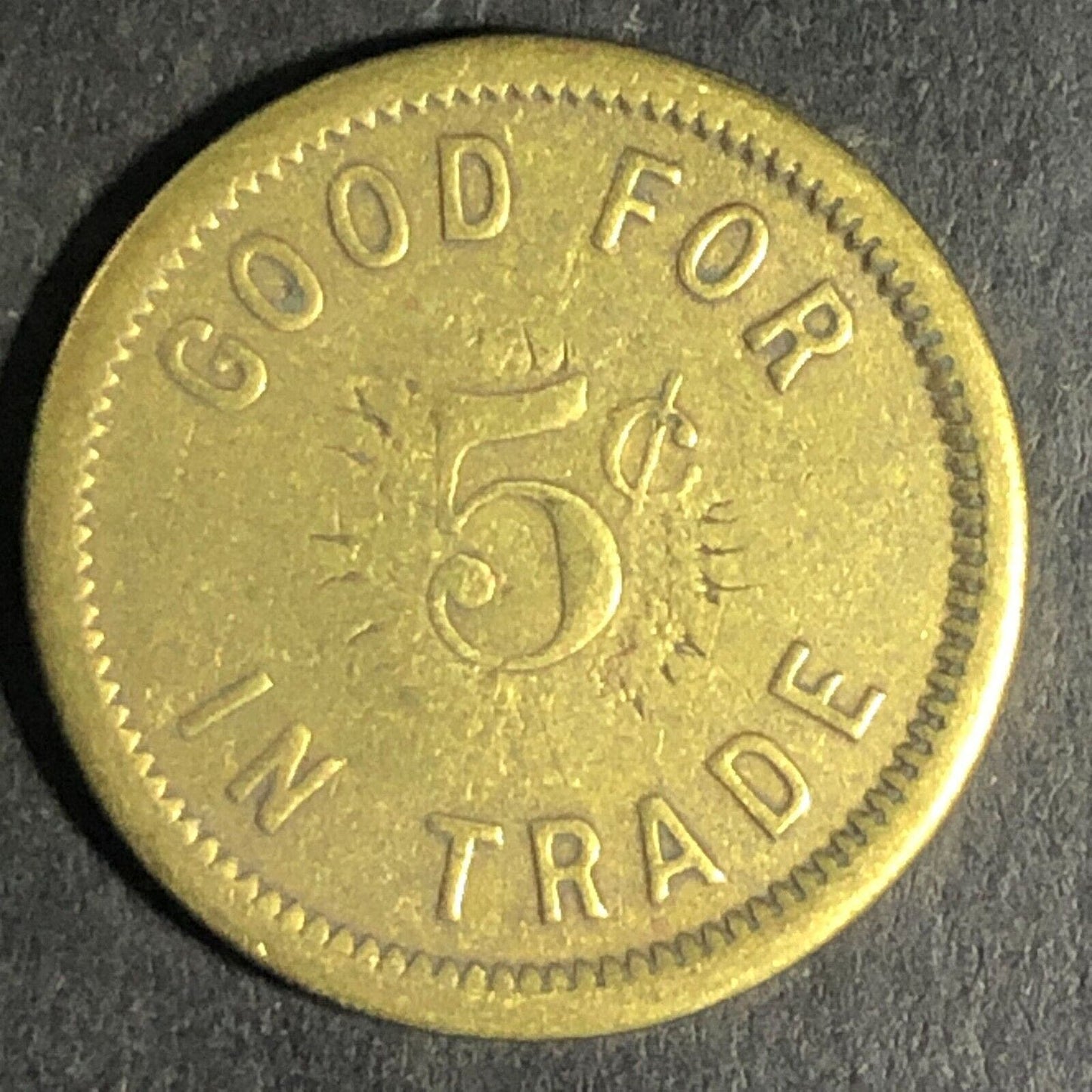 Brass Good For 5c In Trade Token - Stamped "2" 21mm