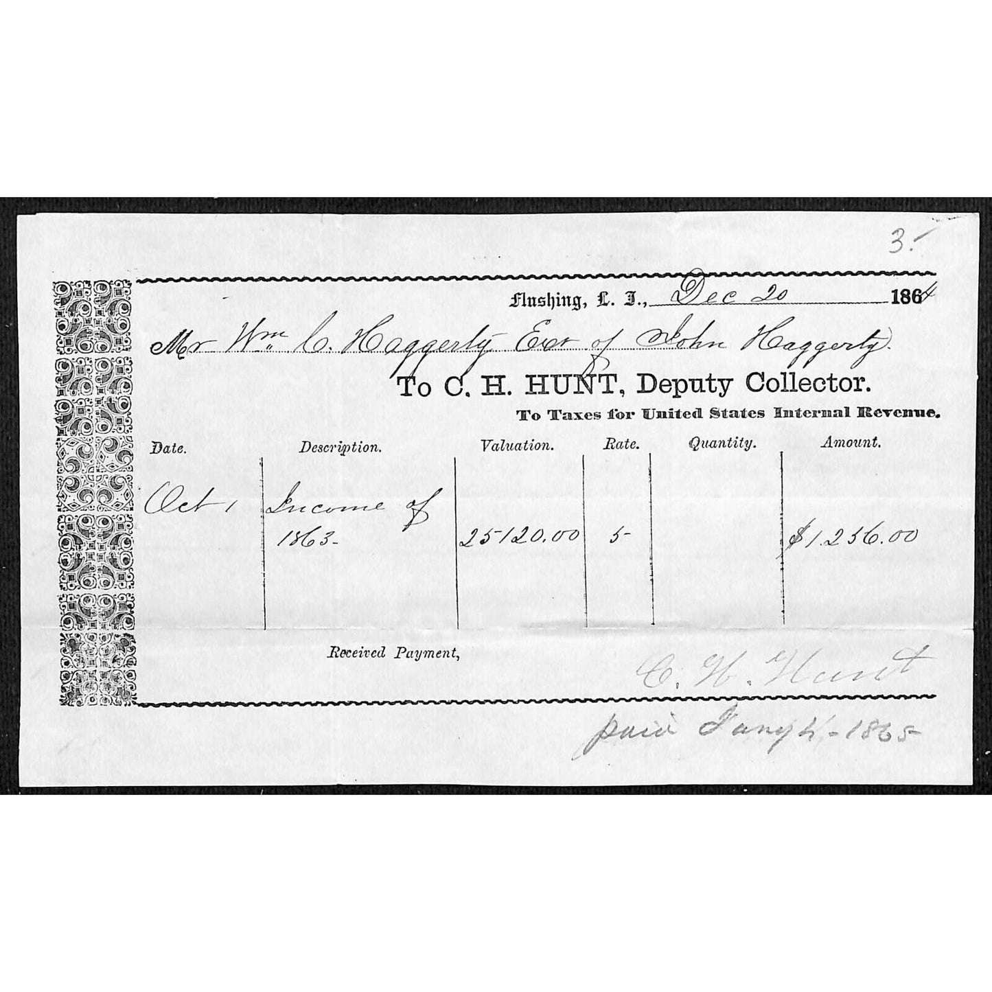 Flushing, L.I., NY 1884 IRS United States Internal Revenue Receipt Scarce