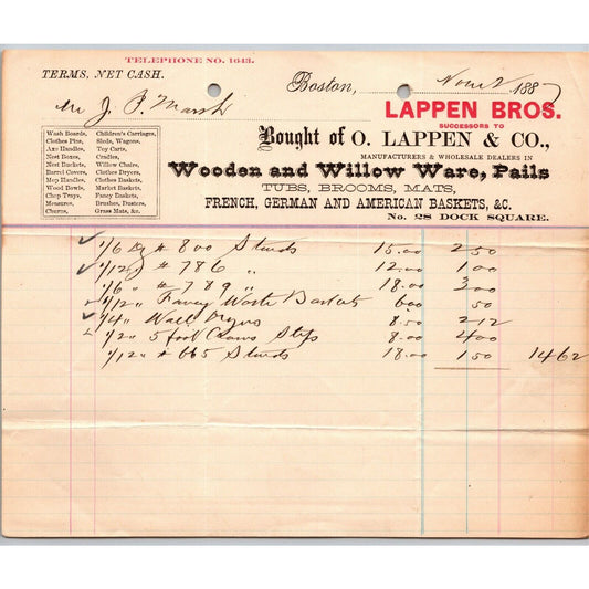 Boston, MA Lappen Bros. Wooden Willow Ware 1887 Billhead JP Marsh Bethel, VT