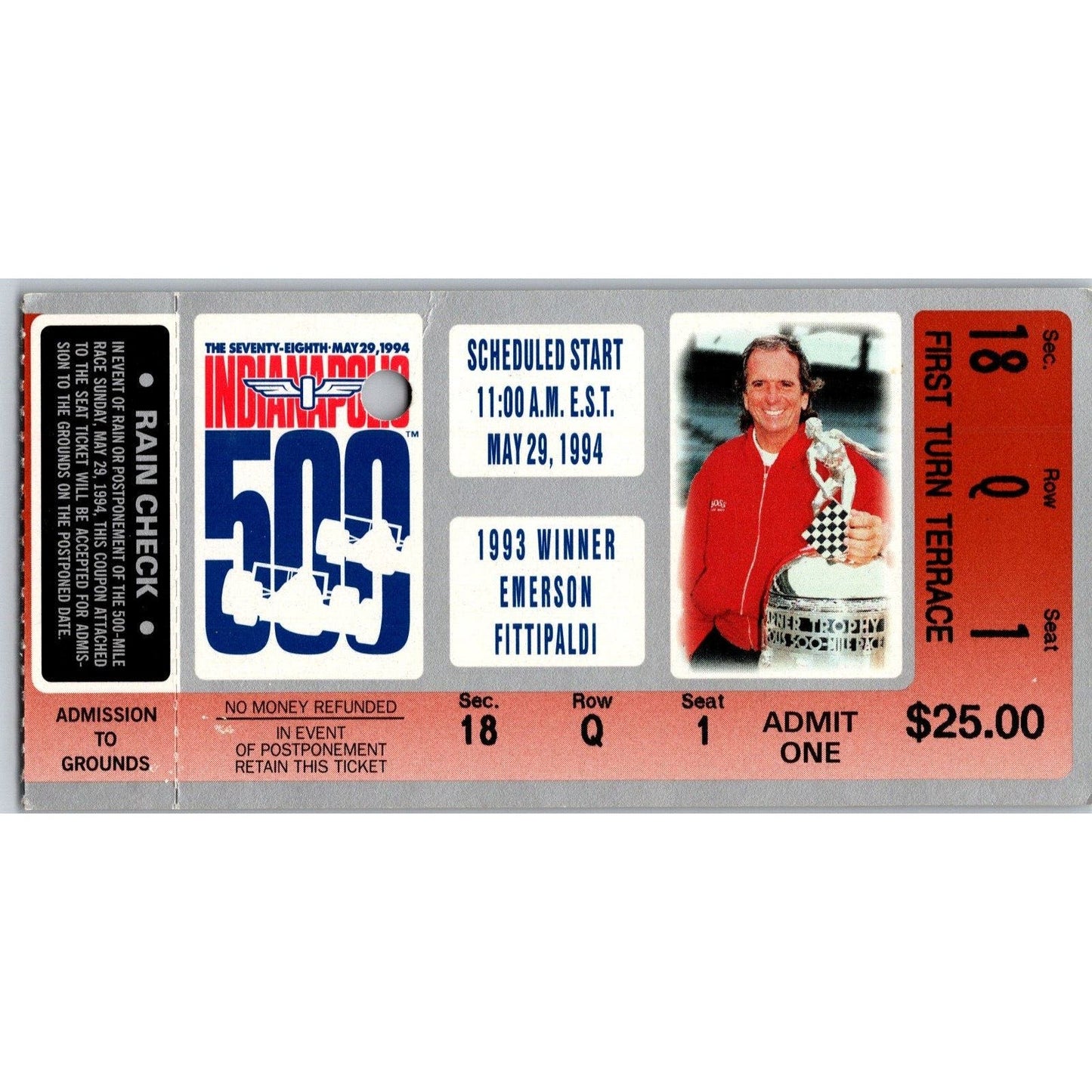 1994 Indianapolis 500 Ticket Stub Racing IMS Emerson Fittipaldi - seat 1