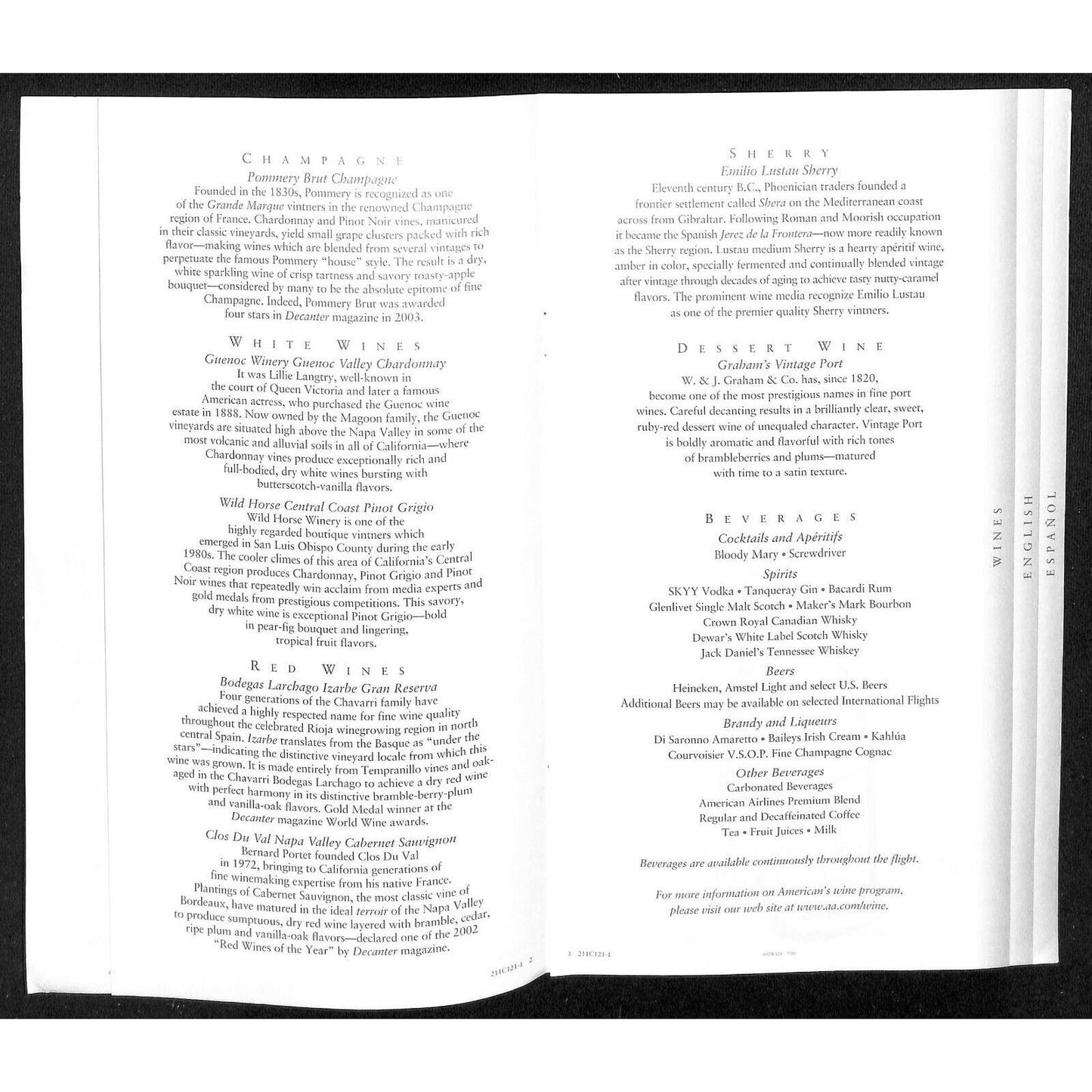 2005 American Airlines First Class Dining & Wine Menu w/ Ricky A. Richardson