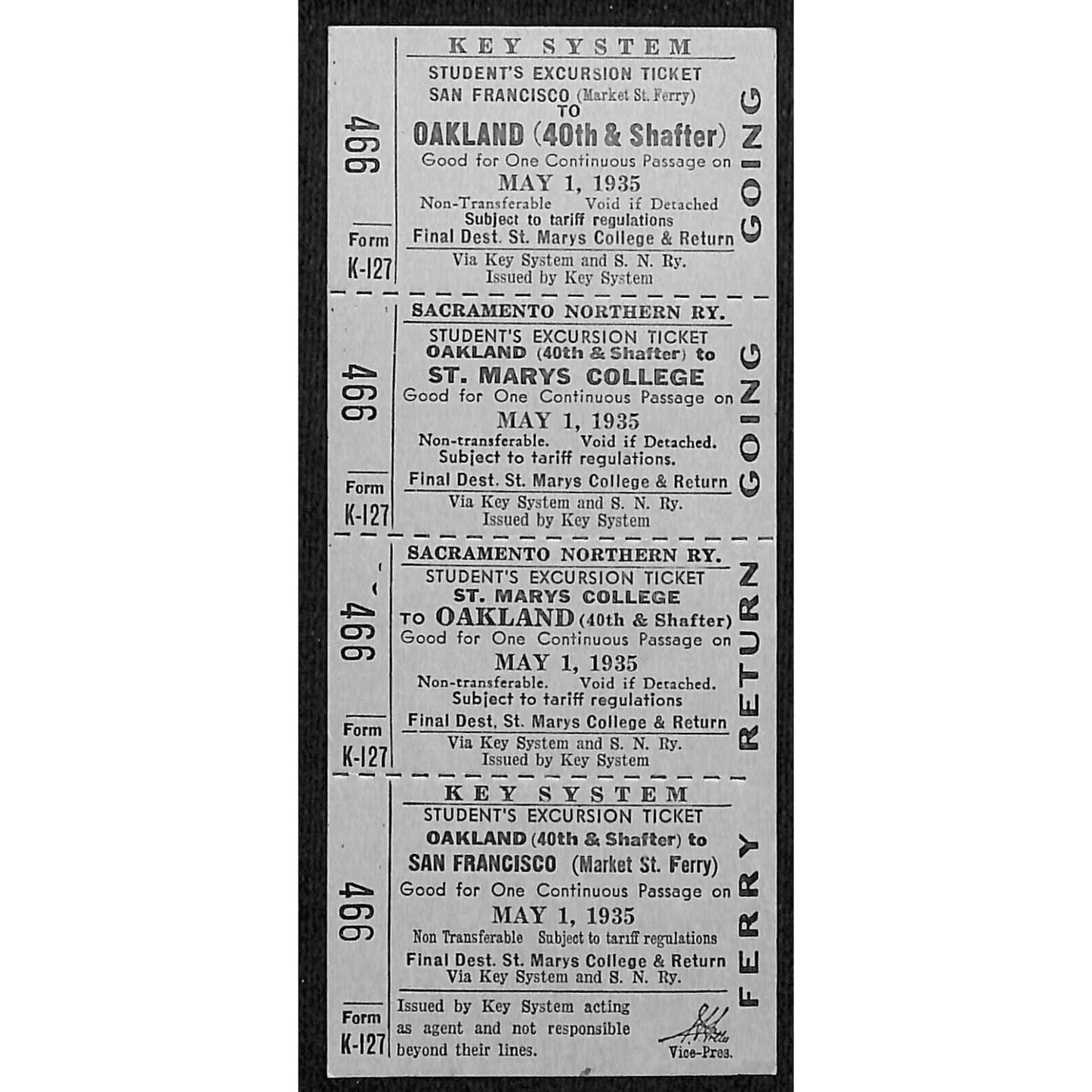 1935 Key System Railroad Student's Excursion Ticket Strip Oakland St. Mary's SF