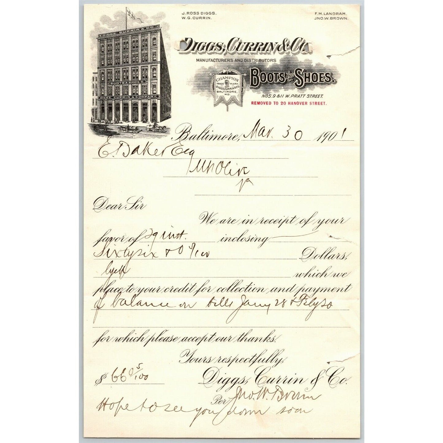 1901 Letterhead Billhead Diggs Currin Boots Shoes Baltimore - Ephraim Baker*