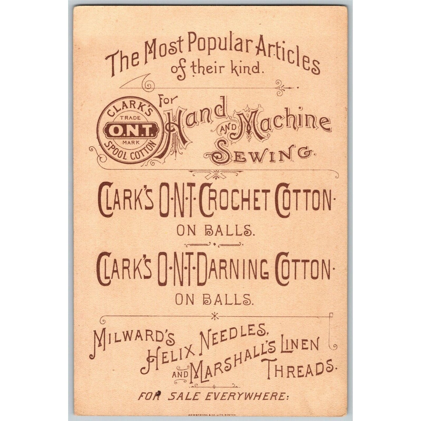 Clark's O.N.T. Hand Sewing Spool Cotton Large Victorian Trade Card - Boat