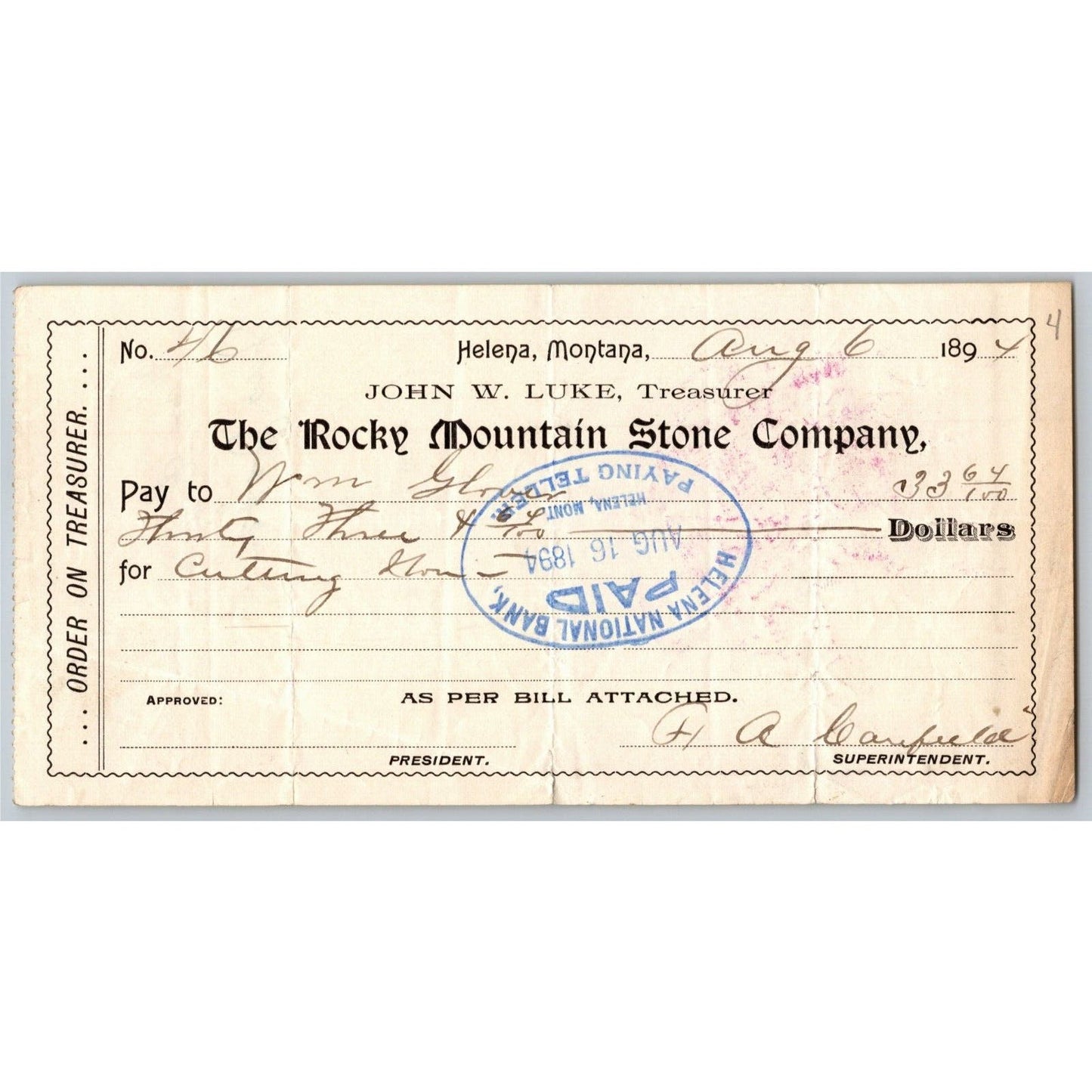 Helena Montana Rocky Mountain Stone Co. 1894 Company / Bank Check