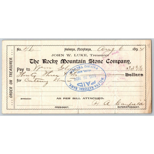 Helena Montana Rocky Mountain Stone Co. 1894 Company / Bank Check